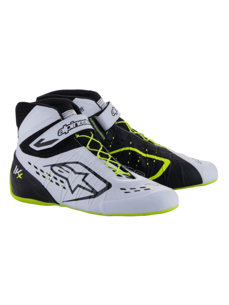 Zapatillas de kart Alpinestars KX V3 homologadas por la FIA en negro, blanco y amarillo fluorescente